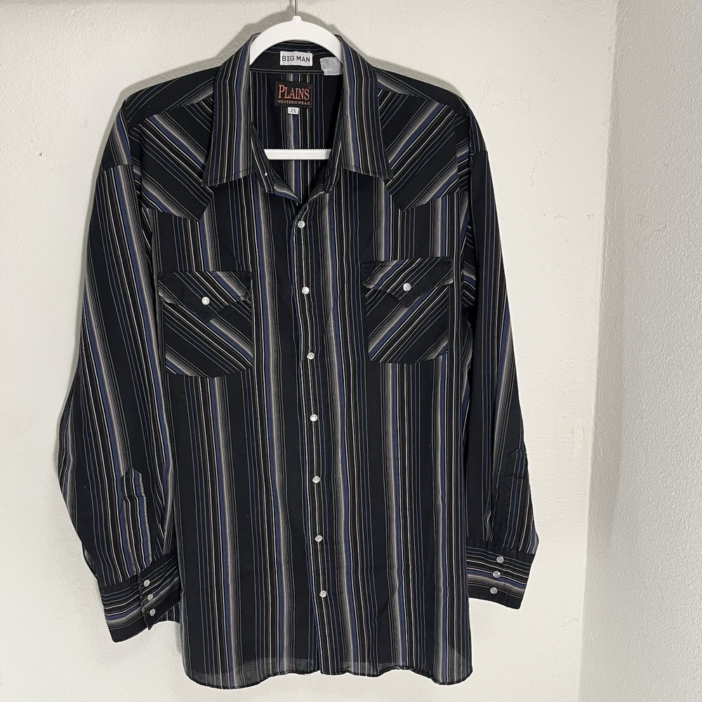 Plains Western Wear Shirt Pearl Snap Men's 2XL Black Blue Brown Long Sleeve